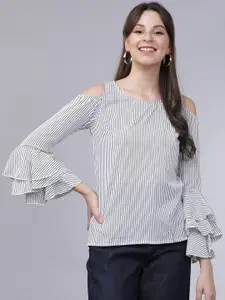 Tokyo Talkies Women White Cold-Shoulder Striped Top