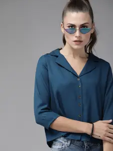 Roadster Women Teal Blue Regular Fit Solid Cuban Collar Casual Shirt