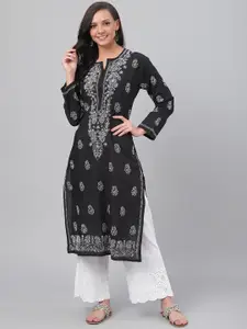 ADA Women Black & White Chikankari Hand-Embroidered Straight Sustainable Kurta