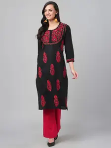 ADA Women Black & Red Chikankari Hand Embroidered Straight Sustainable Handloom Kurta