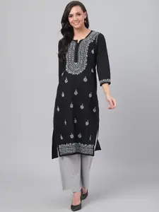 ADA Women Black & Grey Chikankari Hand Embroidered Straight  Handloom Kurta