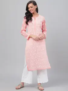 ADA Women Peach-Coloured & White Chikankari Embroidered Straight  Handloom Kurta