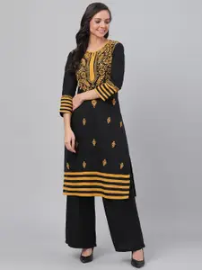 ADA Women Black & Mustard Yellow Chikankari Embroidered Straight Sustainable Handloom Kurta