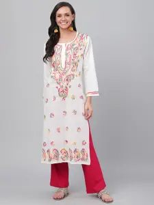ADA Women White & Pink Chikankari Embroidered Straight  Handloom Kurta