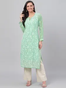 ADA Women Green & White Chikankari Embroidered Straight  Handloom Kurta With Slip