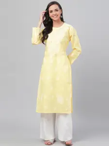 ADA Women Yellow & White Chikankari Embroidered Straight Sustainable Kurta