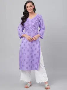 ADA Women Purple Chikankari Embroidered Straight Sustainable Handloom Kurta