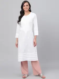 ADA Women White Chikankari Hand-Embroidered Straight  Handloom Kurta