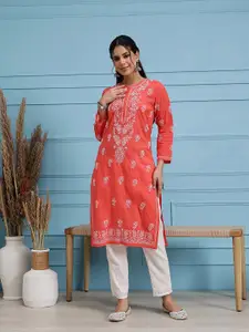 ADA Women Coral & OWhite Chikankari Hand-Embroidered Straight Sustainable Kurta