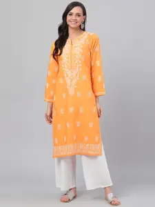 ADA Women Coral Orange & White Chikankari Hand-Embroidered Straight  Handloom Kurta