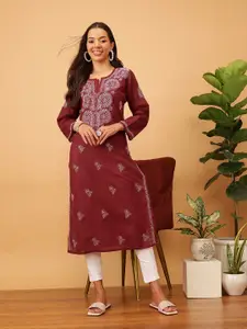 ADA Women Red & White Chikankari Hand-Embroidered Straight  Kurta