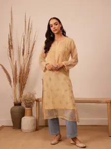 ADA Women Beige Chikankari Hand Embroidered Straight  Handloom Kurta With Slip