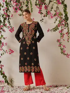 ADA Women Black & Pink Ethnic Motifs Embroidered Chikankari Handloom Kurta