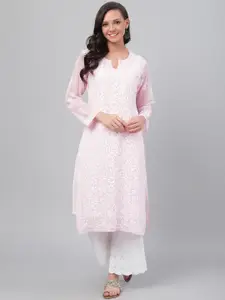 ADA Women Pink & White Chikankari Hand Embroidered Straight Handloom Kurta With Slip