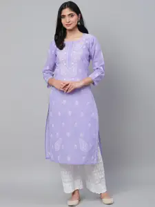 ADA Women Lavender & White Chikankari Hand Embroidered Straight Sustainable Kurta