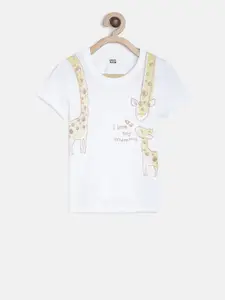 MINI KLUB Girls White Printed Round Neck T-shirt