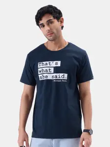 The Souled Store Men Navy Blue  White Printed Round Neck Pure Cotton T-shirt