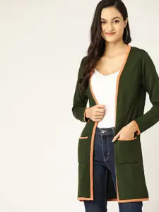 DressBerry Women Olive Green Solid Acrylic Open Front Sweater
