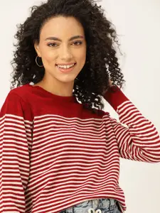 DressBerry Women Maroon Striped Acrylic Pullover Sweater