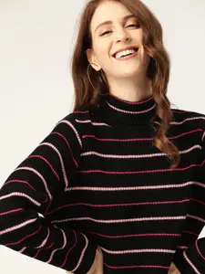 DressBerry Women Black & Pink Striped Pullover