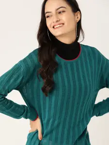 DressBerry Women Teal Green Acrylic Self Design Open Knit Pullover
