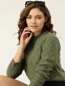 DressBerry Women Olive Green Geometric Design Pullover