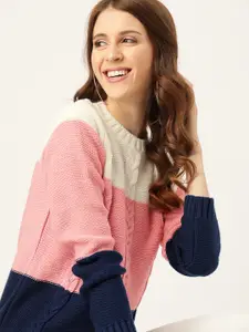 DressBerry Women Pink & Navy Blue Colourblocked Pullover Sweater