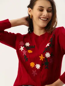 DressBerry Women Red Embroidered Pullover Sweater