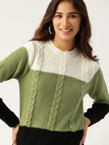 DressBerry Women Olive Green & Black Colourblocked Pullover Sweater