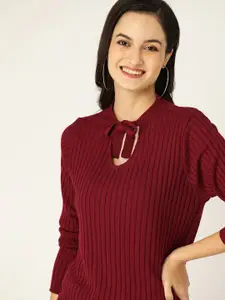 DressBerry Women Maroon Self Striped Pullover Sweater