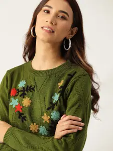 DressBerry Women Green Self Design Embroidered Pullover