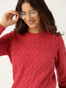 DressBerry Women Pink Self Design Pullover Sweater