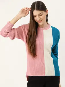 DressBerry Women Pink & Blue Colourblocked Pullover
