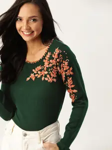 DressBerry DressBerry Women Olive Green Embroidered Pullover