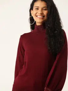 DressBerry Women Burgundy Shimmer Detail Pullover Sweater