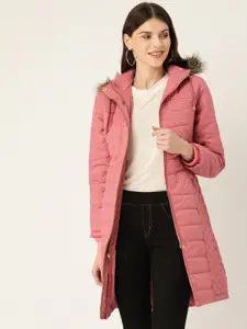 DressBerry Women Pink Solid Longline Parka Jacket with attached Hood