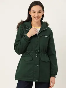 DressBerry Women Green Solid Longline Parka Jacket with Detachable Hood