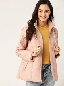 DressBerry Women Pink Solid Padded Jacket with Detachable Hood
