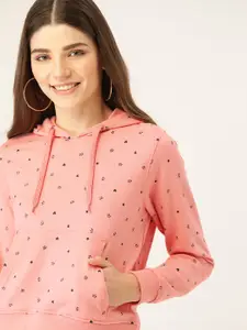 DressBerry Women Pink & Navy Blue Conversational Printed Hooded Sweatshirt