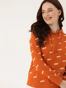 DressBerry Women Orange & Off-White Printed Hooded Sweatshirt