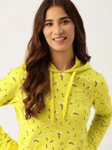DressBerry Women Lime Green & White Floral Printed Hooded Sweatshirt