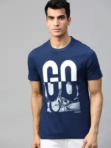 Roadster Men Navy Blue & White Printed Round Neck T-shirt
