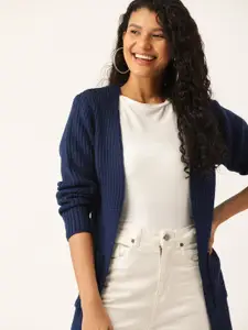 DressBerry Women Navy Blue Ribbed Longline Front-Open Sweater