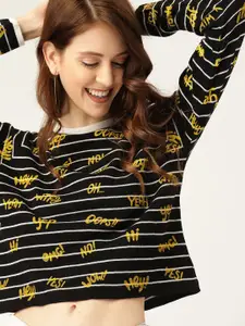 DressBerry Women Black & Yellow Printed Crop Acrylic Pullover