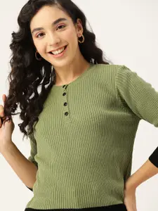 DressBerry Women Green & Black Ribbed Pullover