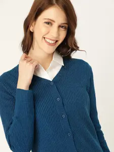 DressBerry Women Blue Ribbed Cardigan Sweater