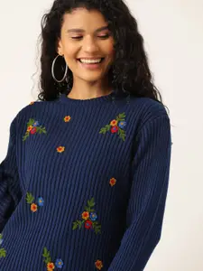 DressBerry Women Navy Blue Ribbed Ribbed Embroidered Sweater