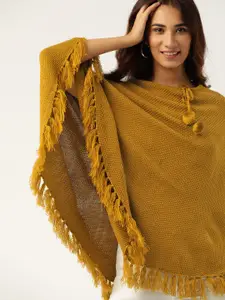 DressBerry Women Mustard Brown Self Design Poncho