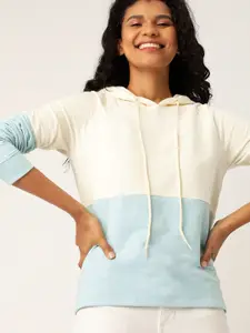 DressBerry Women Off-White & Blue Colourblocked Hooded Sweatshirt
