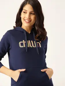 DressBerry Women Navy Blue Typography Print Hooded Sweatshirt